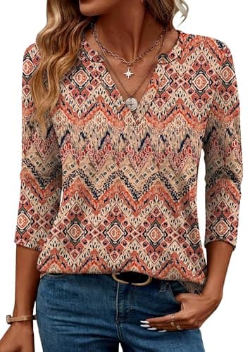 OFEEFAN Summer Tops for Women 2025 Loose Fit Dressy V Neck 3/4 Sleeve Shirts Spring Blouse Printed C XL - Image 2