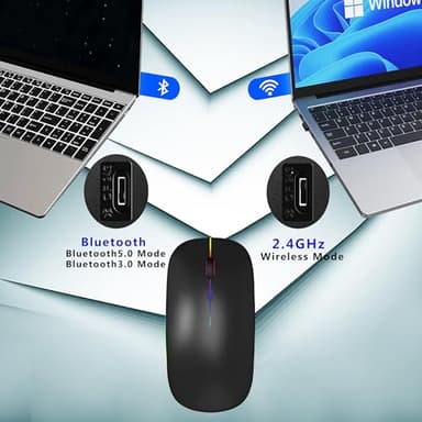 WREANU Wireless Bluetooth Mouse Rechargeable Laptop Mice with LED Lights Silent Slim Use(BT5.2 and 2.4G Portable USB Receiver)Dual Mode Computer Mouse for Laptop/iPad/Tablet/Apple/Computer/Mac(Black) - Image 3