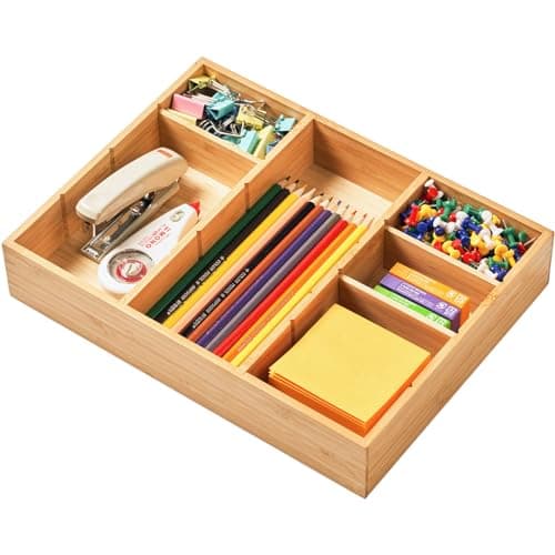 Umilife Desk Drawer Organizer, Bamboo Wood Organizer Tray with Adjustable Compartments, Office Desk Accessories Supplies Organization Storage, 12" x 9" - Image 1