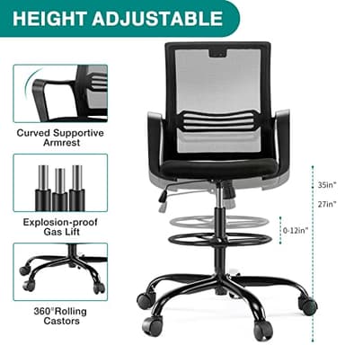 OLIXIS Drafting Chair - Tall Standing Office Desk Chair with Adjustable Foot Ring, Chair with Ergonomic Lumbar Support, Adjustable Height, Breathable Mesh, Darkblack - Image 4