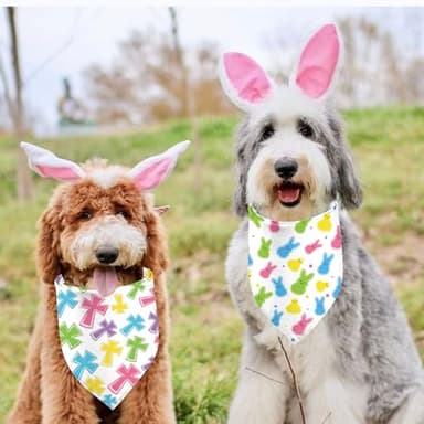 Easter Dog Bandanas 2 Pack, Triangle Reversible Rabbits Chilck Blue Pink Plaid Dog Scarfs for Boy and Girl, Pet Scarves for Easter Bandanas Bulk for Small Medium Large Dogs (Cross+Bunny, One Size) - Image 2