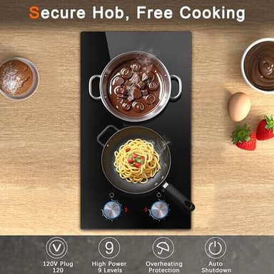 2 Burner Electric Cooktop 120V, 12 Inch Stove Top Burner 2000W, Double Burner Electric Stove with Knob Control, 9-Level Heat, Overheat Protection, High-Temp Alarm, 120V UL Plug - Image 5