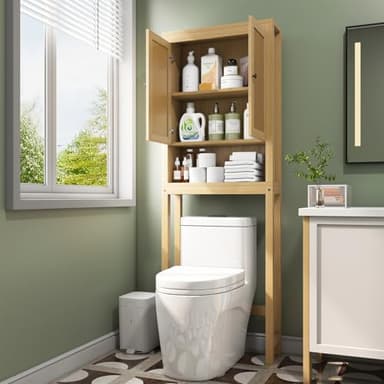 knoworld Rattan Over The Toilet Storage Cabinet, Above Toilet Bathroom Organizer with Adjustable Shelf, Behind Toilet Cabinet, Space Saver for Restroom, Bathroom, Laundry, Wood Rack, Natural - Image 3