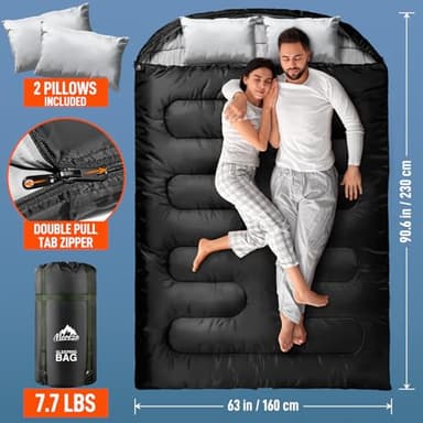 MEREZA Double Sleeping Bag for Adults Mens with Pillow, XL Queen Size Two Person Sleeping Bag for All Season Camping Hiking Backpacking for Cold Weather & Warm Black - Image 6
