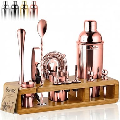 Barillio Rose Gold Bartender Kit - Stainless-Steel Cocktail Shaker Set w/Bamboo Stand - Mixology Bar Tools w/Drink Shaker, Mixer and Muddler for Cocktails - Home Bar Accessories - 23-Pc Bar Set - Image 1