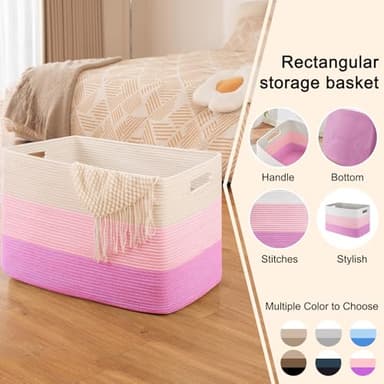 OIAHOMY 108L Super Large Blanket Basket, 25”x16”x16” Rectangle Woven Baskets for Storage, Cotton Rope Basket For Living Room, Toy Storage with Handle - Gradient Pink - Image 3