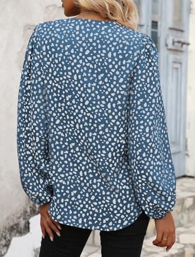 Womens Blouse with Stretch Long Sleeve Work Shirts Leopard Print Chiffon Tops V Neck Loose Business Shirts Large,Blue White - Image 3