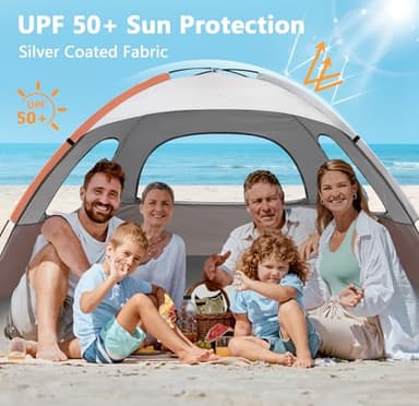 NXONE Beach Tent Sun Shade Shelter for 6 Person with UV Protection, Extended Floor, 3 Mesh Roll Up Windows & 8.5mm Fiberglass Rods丨Carry Bag Included (Orange White) - Image 2