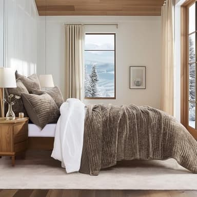 EVERGRACE Velvet Quilt Set King Size, Luxurious Soft Striped Channel Bedding Set, Lightweight Velvet Comforter for All Season, Oversized Bedspread Coverlet with 2 Matching Shams, Mocha Brown - Image 2