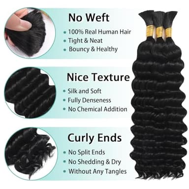 Human Braiding Hair for Boho Braids Human 110g 20 Inch Curly Boho Hair for Braiding Knotless 12A Deep Wave Bulk Bohemian 3 Bundles/Pack Natural Color - Image 2
