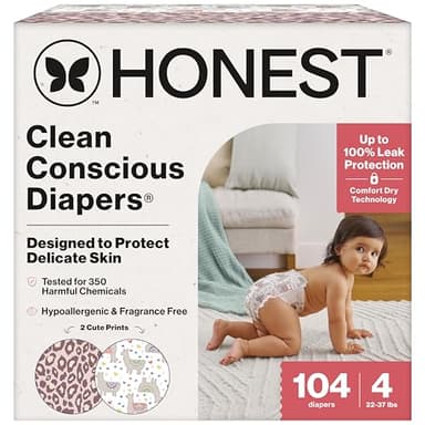 The Honest Company Clean Conscious Diapers for Delicate Skin | Up to 100% Leakproof | Hypoallergenic, Fragrance Free | Girl Prints | Super Club Box, Size 4 (22-37 lbs), 104 Count (Prints May Vary) - Image 1