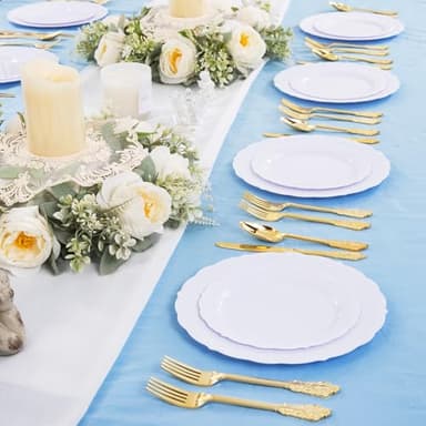 U-QE 60PCS White Plastic Plates for Party - High End Disposable Plates for Weddings - White Plates Disposable Heavy Duty Including 30PCS 10'' Dinner Plate & 30PCS 7.5'' Dessert Plate - Image 4