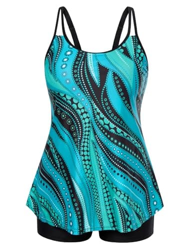 Maternity Swimsuit Plus Size Tummy Control Bathing Suits Scoop Neck Tankini Top with Boy Shorts Blue Ripples 7X - Image 1