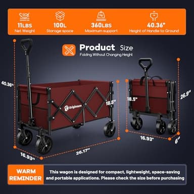 Originsure Collapsible Wagon Cart Foldable - Portable Heavy Duty Folding Beach Wagons with Wheels - Outdoor Utility Carts for Groceries, Shopping, Camping, Sports, Garden with Large Capacity - Red - Image 3