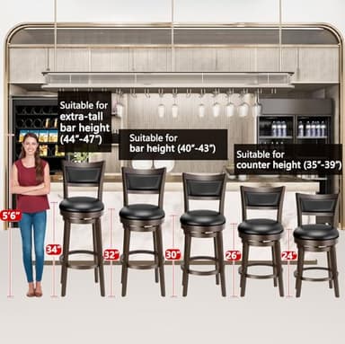 PrimeZone Swivel Bar Stools Set of 4, 34 Inch Extra Tall Bar Height Barstools, Black Faux Leather Bar Stool with High Backrest, Solid Wood Leg, Wrap-Around Footrest, Counter Stools for Pub - Image 8
