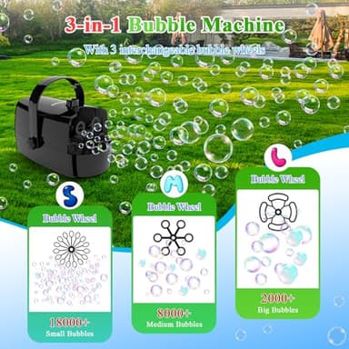 Wisdomlit Bubble Machine, 3-in-1 Bubble Maker, Automatic Bubble Blower with 3 Bubble Wands, 8000+ Colorful Bubbles for Kids Toddlers, Operated by Plug-in or Batteries for Indoor Outdoor Birthday Party - Image 2