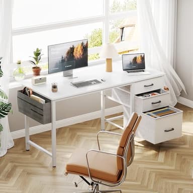 Casaottima 40" Small Computer Home Office Desk for Bedroom with Fabric Drawers & File Cabinet, Cloth Storage Bag and Hook, Writing Study Work Table for Small Space, White - Image 2