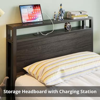 LIKIMIO Twin Bed Frames with Drawer, Storage Headboard with Outlets, No Box Spring Needed, Easy Assembly, Gray Black - Image 4