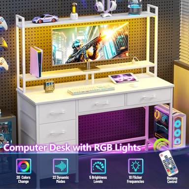 Korfile Computer Gaming Desk with Hutch, Home Office Desk with Power Outlets, LED Light, 5 Storage Drawers, 2 Tiers Shelves for Display, 47 Inch Modern Study Writing Table for Bedroom, White - Image 6