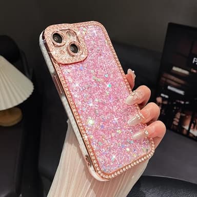 FABSPARK Case for iPhone 12 Pro Max,Glitter Crystal Diamond Rhinestones Sequin Shiny Bling Sparkly Glossy Luxury Electroplated Case,Aesthetic Cute Full Protection for iPhone 12 Pro Max,Pink - Image 8