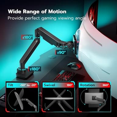 ARES WING Ultrawide Monitor Arm for 17 to 49 Inch Heavy Duty Curved Screen, Holds 44 Lbs, Adjustable Gas Spring Monitor Arm Desk Mount with C Clamp, Grommet Base, 75/100 Vesa Mount, Black - Image 4