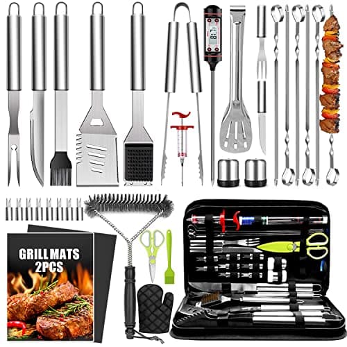 34Pcs Grill Accessories Grilling Gifts for Men, 16 Inches Heavy Duty BBQ Accessories, Stainless Steel BBQ Tools with Thermometer, Grill Mats for Backyard, BBQ Set for Men Women - Image 1