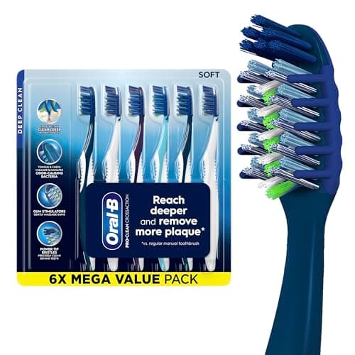 Oral-B Pro Health CrossAction Plaque Removal toothbrushes, 6 Count Toothbrush Soft, Deep Reach in Tight Spaces, Tongue Scraper Tooth Brush, Plaque Fighter, Gentle on Teeth, Gum stimulators - Image 1