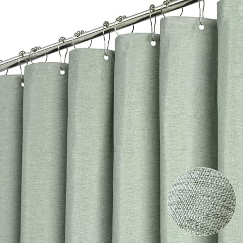 BTTN 84 Inch Wide Shower Curtain - W84xH72 Linen Textured Heavy Duty Fabric Shower Curtain Set with 14 Plastic Hooks, Large Hotel Simple Waterproof Polyester Bath Curtains for Bathroom - Sage Green - Image 1