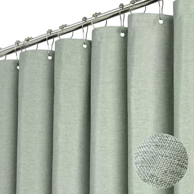 BTTN 84 Inch Wide Shower Curtain - W84xH72 Linen Textured Heavy Duty Fabric Shower Curtain Set with 14 Plastic Hooks, Large Hotel Simple Waterproof Polyester Bath Curtains for Bathroom - Sage Green - Image 1
