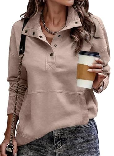 SHEWIN Womens Sweatshirt Casual Long Sleeve Lightweight Sweatshirts Loose Button V Neck Pullover Tops Fall Clothes for Women 2025,US 4-6(S),Light Pink - Image 1