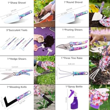 Garden Tools Set, JUMPHIGH 10 Pieces Gardening Tools with Floral Print, Ergonomic Handle Trowel Rake Weeder Pruner Shears Sprayer, Garden Hand Tools with Carrying Case Gardening Gifts for Women Father - Image 3