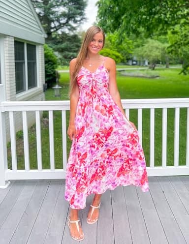 Summer Floral Bohemian Sleeveless Dress Casual Spaghetti Strap Tie Front Smocked Flowy Ruffle Long Dress - Image 2