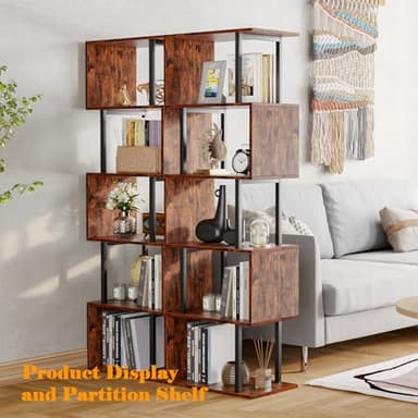 Furologee 6 Tier Bookshelf, Tall S Shaped Geometric Bookcase, Modern Display Shelf Standing Unit, Wood Metal Decorative Divider Rack for Living Room Bedroom Office, Rustic Brown - Image 5