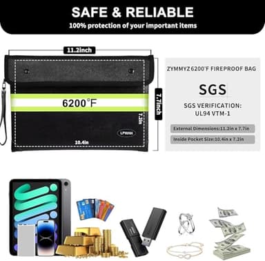 ZYMMYZ Fireproof Document Bag with Water Resistant Zipper,6200°F Heat Insulated Fire Proof Pouch with Soft Leather Hand Strap,Fire and Waterproof Envelope for Cash,Documents,Jewelry - Image 5
