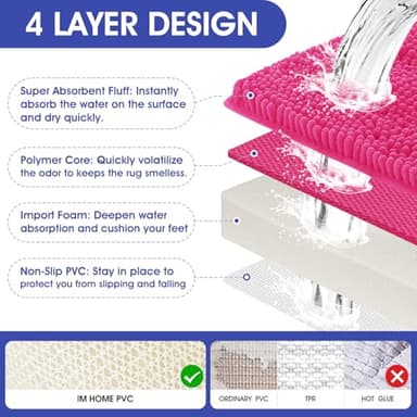 ACCUMTEK Striped Hot Pink Bathroom Rug Set 3 Pieces Ultra Soft, Non Slip Chenille Toilet Mat, Absorbent Plush Shaggy Bath Mats for Bathroom, Bedroom, Kitchen, Peach - Image 4
