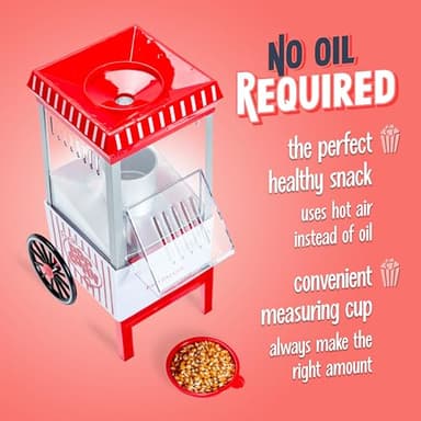 Nostalgia Vintage Hot-Air Popcorn Maker Machine - Makes Up to 12 Cups - Oil-Free - Healthier Popcorn - Classic Stand-Up Cart With Wheels - Includes Kernel Measuring Cup - White & Red - Image 4