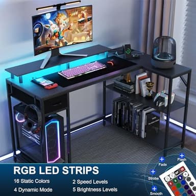 Eivanet 47 inch Gaming Desk with Power Outlet & LED Light, Reversible L Shaped Desk, L Shaped Desk with Hook & Monitor Stand, Computer Desk with Drawer and Shelves for Home Office Bedroom - Image 4