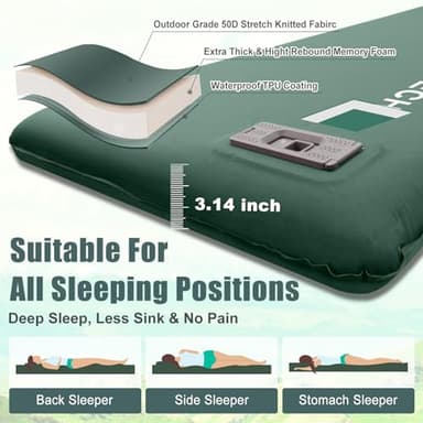 Self Inflating Sleeping Pad with Electric Pump, 3.14" Ultra-Thick Memory Foam Sleeping Mats for Camping,Easy Inflate&Deflate,9.5 R-Value Insulated Camping Mattress Pad with Pillow for Car Travel Tent - Image 2