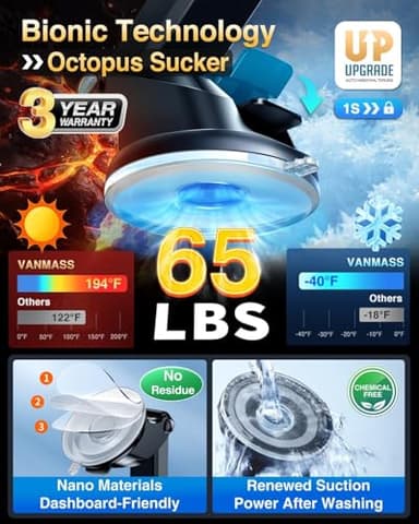 [True Anti-Vibration] Car Phone Holder VANMASS【2025 Ultimate Military-Grade Upgraded】Suction Cell Mount Truck Stand Cradle for Dashboard Windshield Vent for iPhone 16 Pro Max 15 14 13 Samsung Android - Image 3