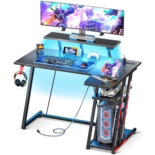 MOTPK Small Gaming Desk with LED Lights & Power Outlets, 39 Inch L Shaped Gaming Computer Desk with Storage Shelf, Gamer Table with Monitor Stand, PC Table with Carbon Fiber Texture, Black - Image 1