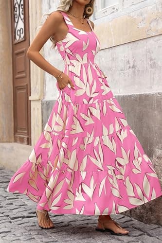 PRETTYGARDEN Women's Summer Floral Maxi Dress Sleeveless Smocked Ruffle Long Flowy Beach Vacation Boho Sundresses (Floral Pink Beige,Large) - Image 9