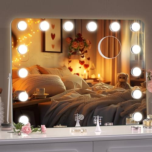 Hasipu Vanity Mirror with Lights, Hollywood 18" x 14" LED Makeup Mirror, 3 Modes Light, Smart Touch Control Dimmable, 360°Rotation, Rounded Rectangle White Frame - Image 1