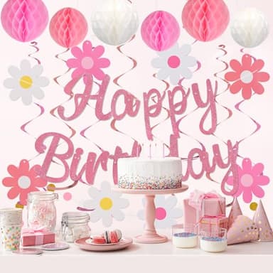 YEOCU Birthday Decorations, NO DIY, Pre-Strung Happy Birthday Banner with Honeycomb Balls, Hanging Swirls, Circle Dots Garland, Happy Birthday Party Decorations for Women Men Boys Girls (Pink) - Image 3