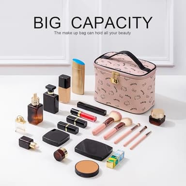 AmBealla Make up Bag Large Travel Cosmetic Bags Organizer with Brush Holder for Girl, Lightweight Cotton Toiletry Bag with Zipper for Women, Portable Makeup Case for Airplane/Home/Gym - Pink - Image 3