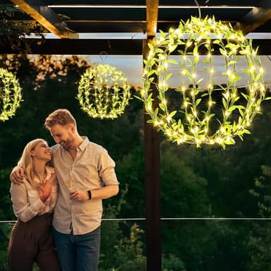 Solar Powered Hanging Iron Sphere Lights with Artificial Greenery – 12Inch 120 LED Waterproof Outdoor Decor Ball Light with Timer & 8 Modes – 2 Pack for Garden, Christmas, Weddings (Warm White) - Image 6