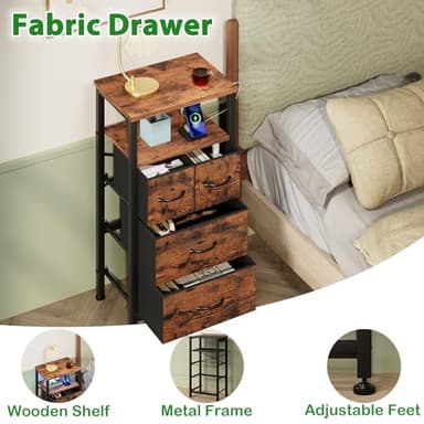 Furnulem Dresser for Bedroom, Tall Nightstand, Bedside Table with Charging Station, LED Light, Fabric Bins, Night Stand with Wood Shelf, Small Furniture for Entryway, 33 Inch (4 Drawer, Rustic Brown) - Image 8