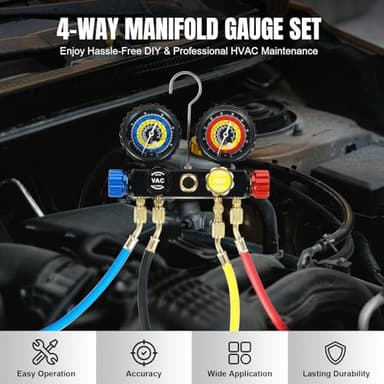 Jack Boss 4 Way AC Gauge Set for R410a R22 R134a Refrigerant, 4 Valve Automotive AC Manifold with 5ft Hoses, R410a Adapters - Image 3