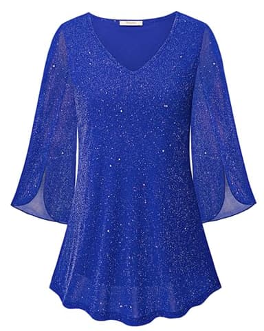 Bebonnie Sparkly Tops for Women Party: Casual Long Sleeve Dress Shirts Flowy Chiffon Tunic Blouses - Plus Size Dressy Tops for Wedding - Dress Blouses for Women Elegant Star Blue L - Image 1