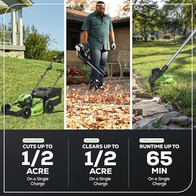Greenworks 80V 21” Brushless (Push) Cordless Electric Lawn Mower + (500 CFM) Axial Leaf Blower + 13” String Trimmer (75+ Compatible Tools), (2) 2.0Ah Batteries and 30 Minute Rapid Charger - Image 5