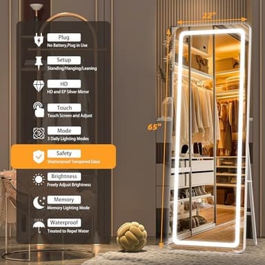 Hasipu Full Length Mirror with Lights, 65" x 22" LED Floor Mirror, Full Body Dressing Standing, Hanging Mounted Mirror for Living Room Bedroom Cloakroom, Round White - Image 6